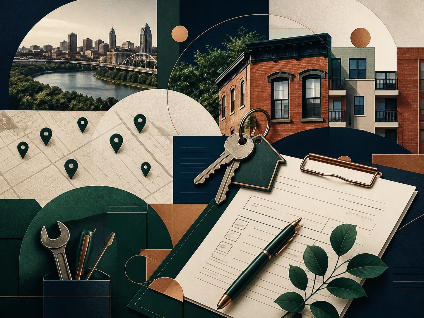 Property management operations with keys, map pins, leasing paperwork, and Cincinnati architectural cues